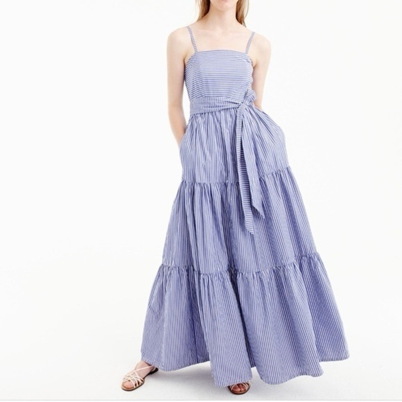 J. Crew Dresses & Skirts - J Crew Cotton Poplin Tiered Maxi Dress Size 0 Striped Blue White Tie Waist